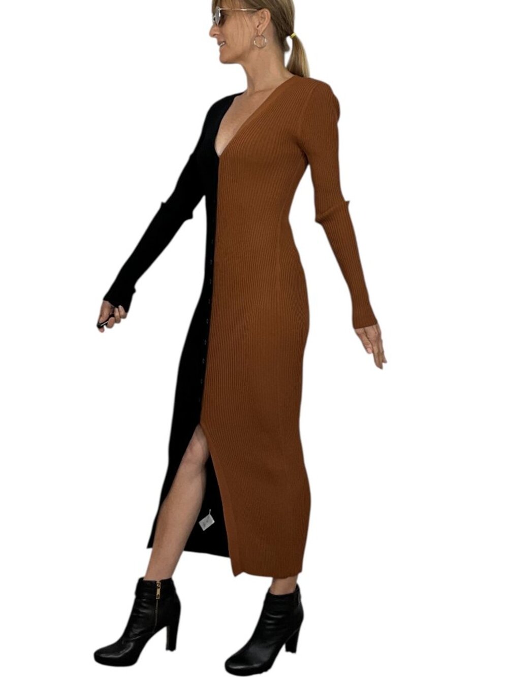 Staud Shoko Colorblocked Midi Dress S Tan Black Ribbed Long Sleeve Fall Fashion - Picture 4 of 16